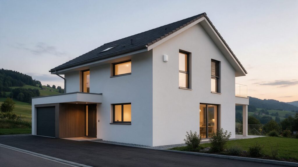 Maison individuelle en Suisse romande au crépuscule, avec une sirène d'alarme discrète sur la façade